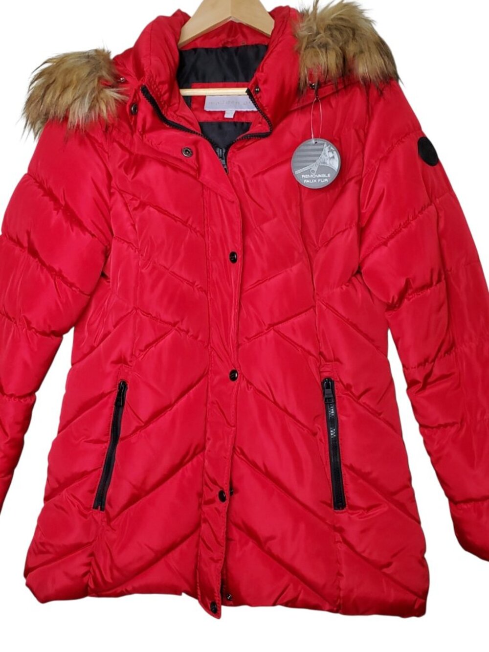 Madden Girl Juniors Faux-Fur Trim Hooded Red Puffer Coat, Size L